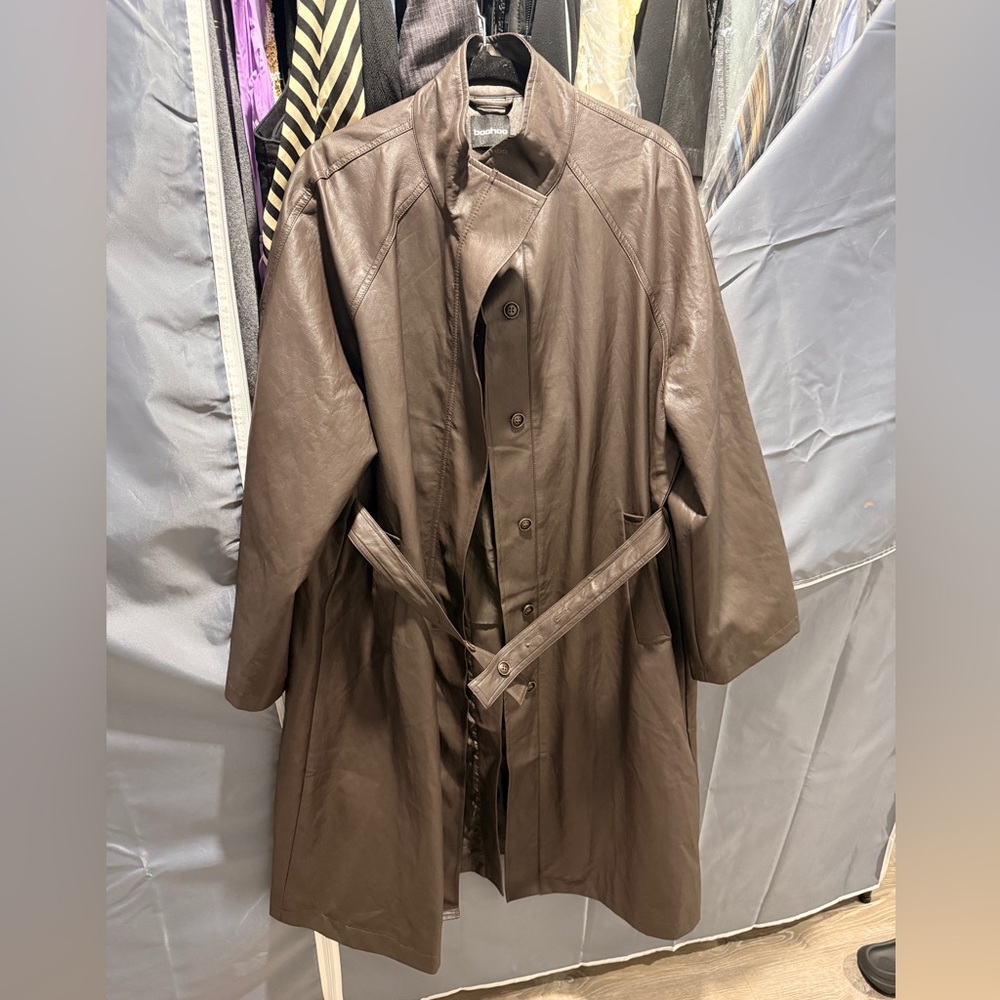 Boohoo Brown Leather Trench Coat